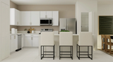 En la planta baja de esta nueva casa adosada de dos pisos se encuentra una atractiva distribución de planta abierta que conecta la cocina con una amplia sala de estar, con espacio suficiente para colocar una mesa de comedor y disfrutar de comidas con Le Jardine