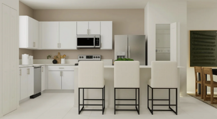 En la planta baja de esta nueva casa adosada de dos pisos se encuentra una atractiva distribución de planta abierta que conecta la cocina con una amplia sala de estar, con espacio suficiente para colocar una mesa de comedor y disfrutar de comidas con Le Jardine