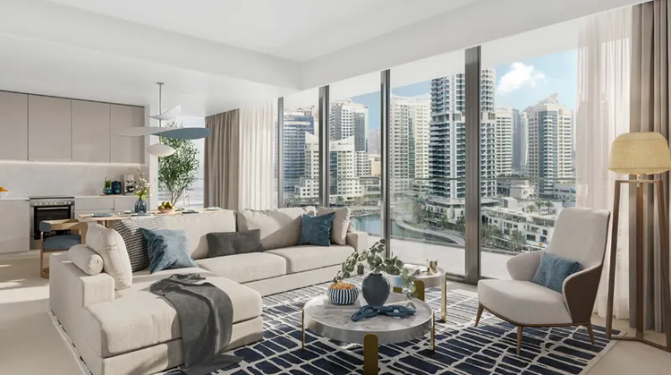 Marina Shores is an elegant 53-story skyscraper in the heart of Dubai Marina, offering one to five-bedroom apartments and a five-bedroom penthouse with direct access to the Promenade boulevard. All residences feature panoramic views of the sea, Palm Marina Shores