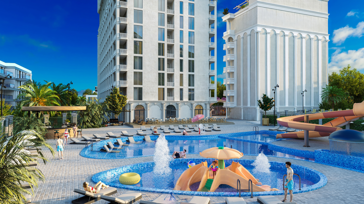 Wyndham Grand Residences Batumi Gonio. Aqua es una inversión rentable en Georgia. Wyndham Grand Aqua es un hotel de cinco estrellas de 20 plantas en Gonio, Batumi, situado en primera línea de mar. El complejo se está construyendo a 250 metros del mar Wyndham Grand Residences Batumi Gonio. Aqua