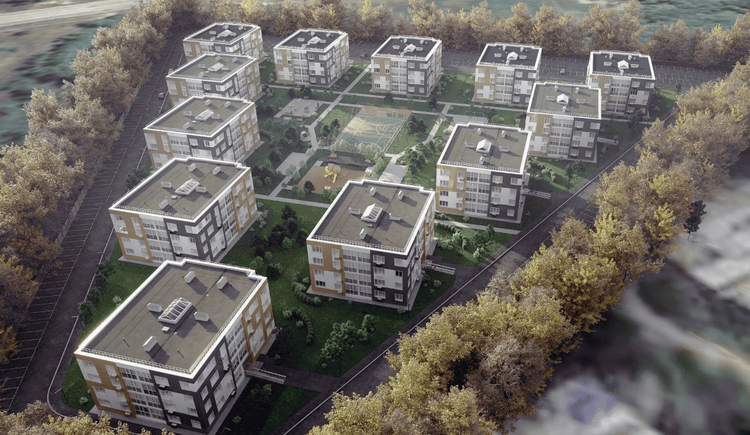 Strizhi (Swifts) is a cozy comfort-class residential complex located in the settlement of Novy. The development comprises 12 four-story monolithic-brick buildings arranged in a closed triangular layout that visually echoes a bird’s V-formation. This Стрижи
